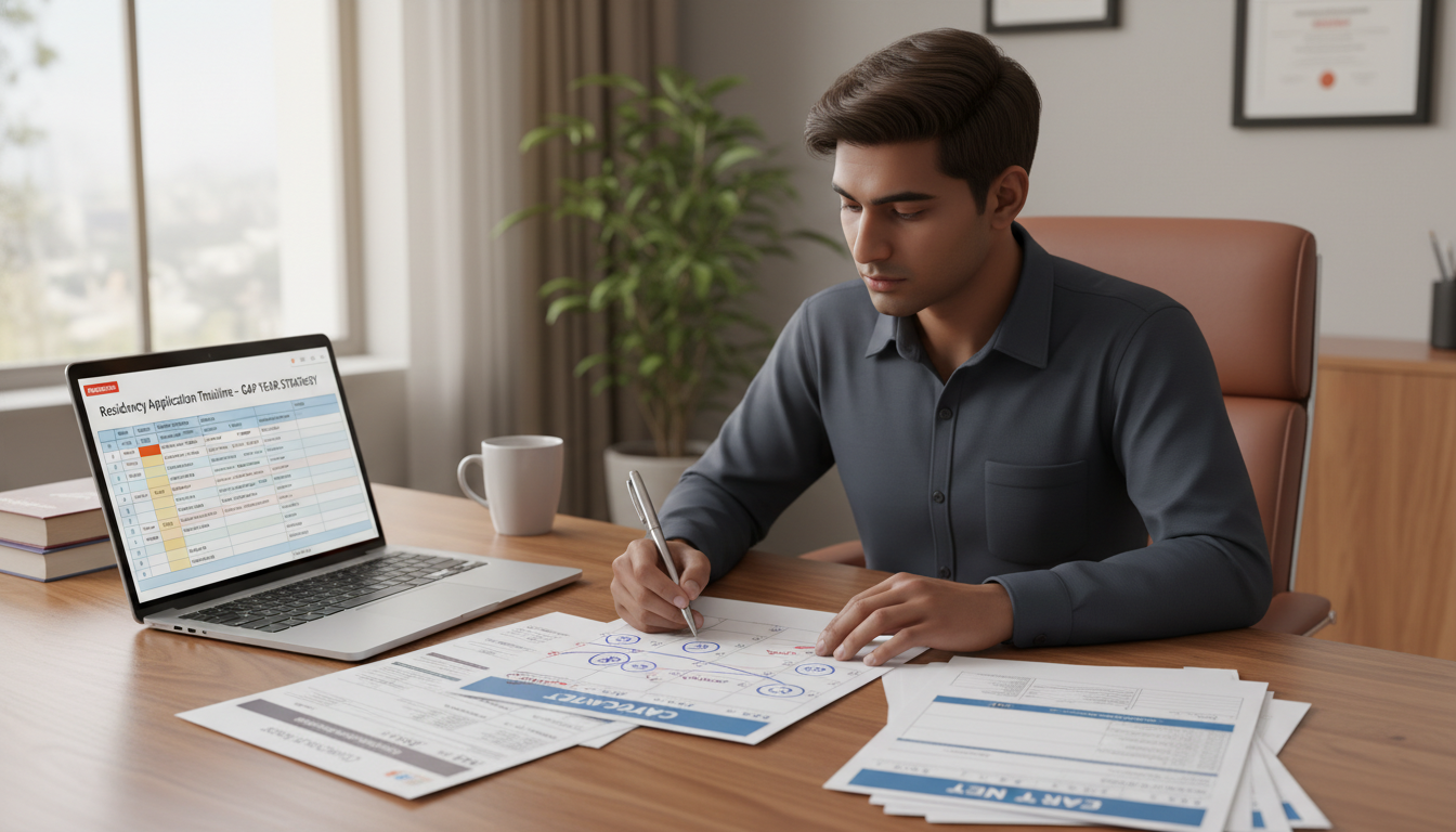 International medical graduate reviewing timeline and documents to explain a gap year International medical graduate reviewing timeline and documents to explain a gap year - non-US citizen IMG for Gap Year Expla