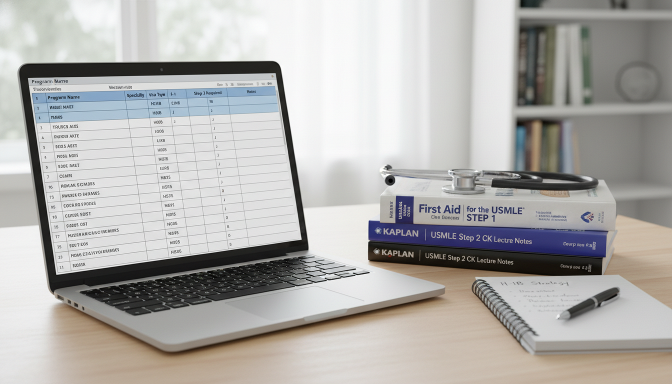 Spreadsheet of H-1B friendly residency programs on a laptop Spreadsheet of H-1B friendly residency programs on a laptop - non-US citizen IMG for H-1B Sponsorship Programs Strategies for