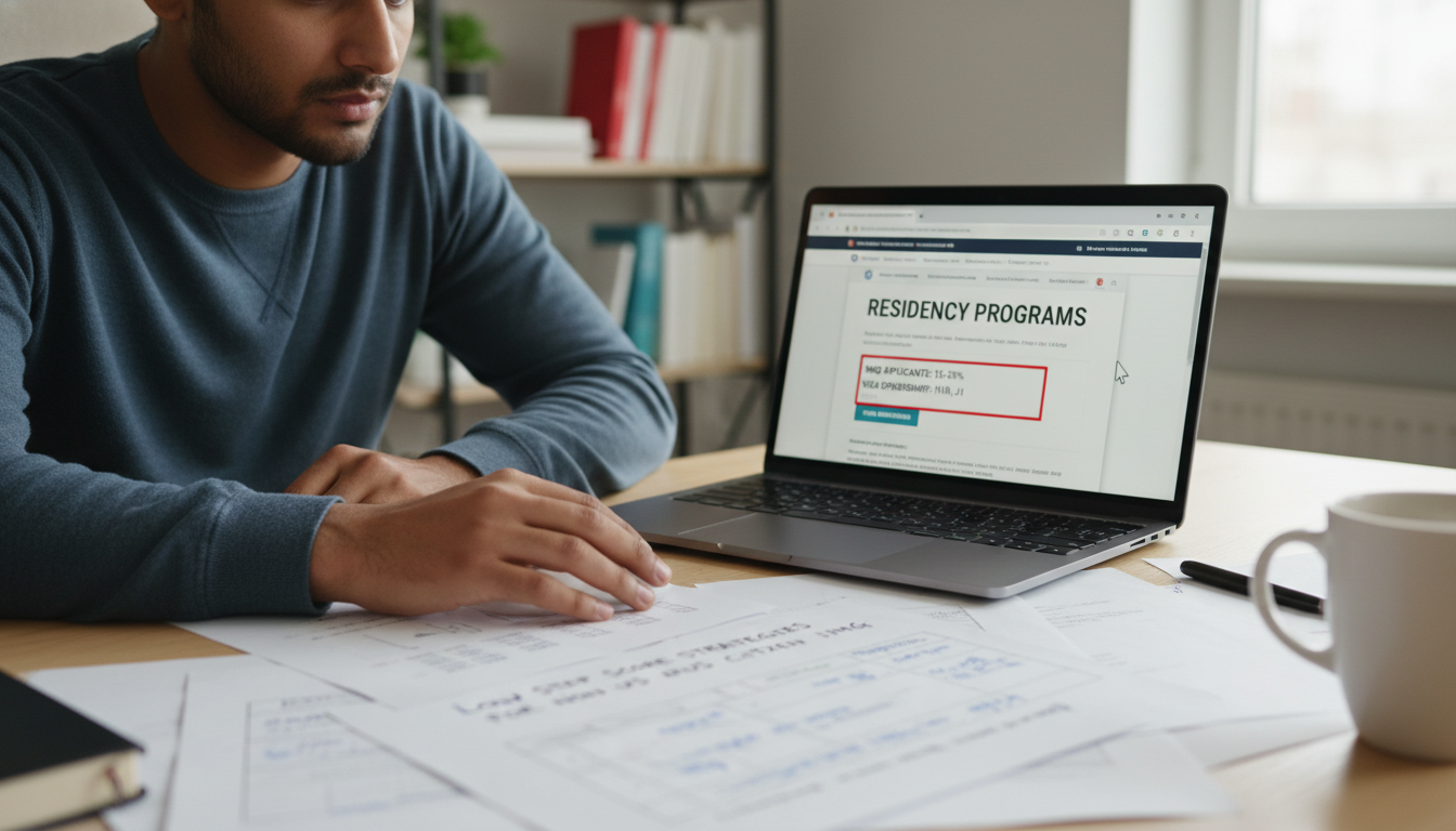Residency applicant reviewing US residency program websites with score filters and visa options - non-US citizen IMG for Low