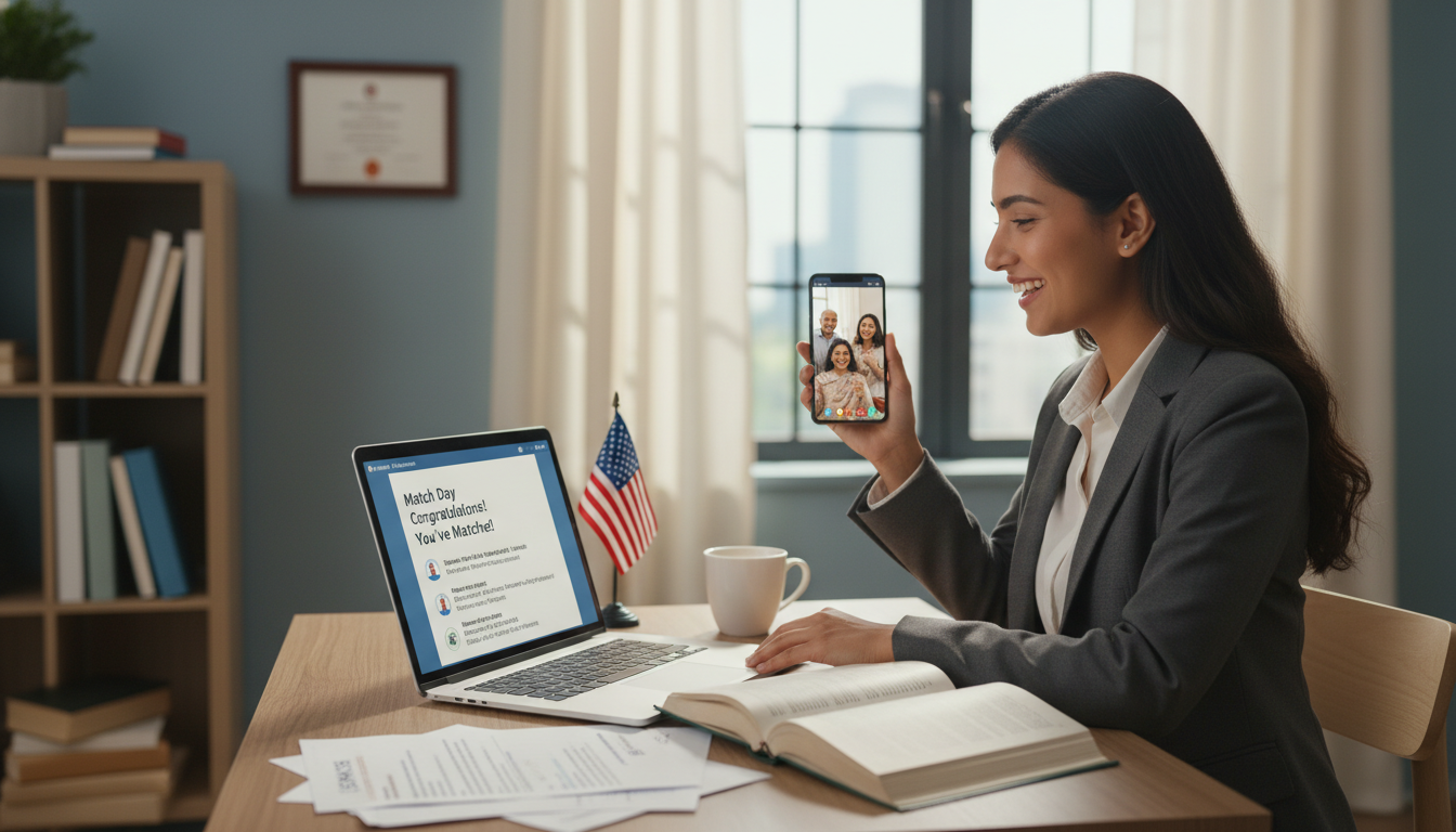 Non-US citizen IMG on Match Day video call with family abroad Non-US citizen IMG on Match Day video call with family abroad - non-US citizen IMG for Match Day Guide Strategies for Non-US