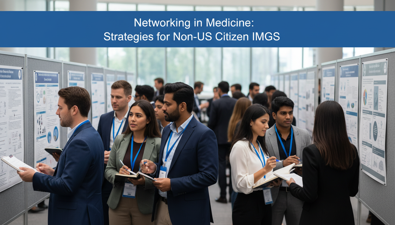 International medical graduates networking at a poster session - non-US citizen IMG for Networking in Medicine Strategies for