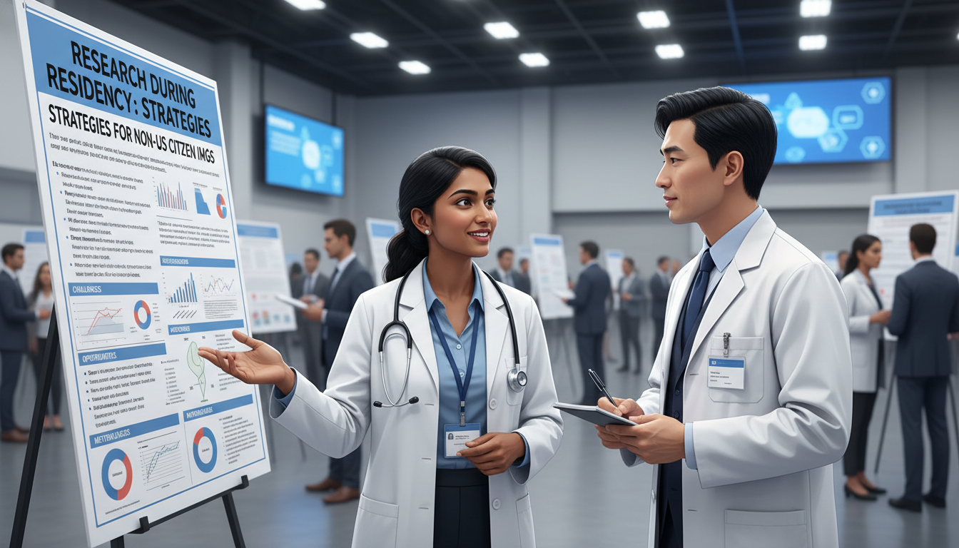 Resident presenting research poster at a national conference Resident presenting research poster at a national conference - non-US citizen IMG for Research During Residency Strategies fo