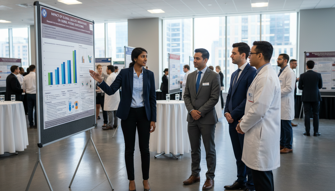 International medical graduate presenting a research poster at a medical conference - non-US citizen IMG for Research Profile