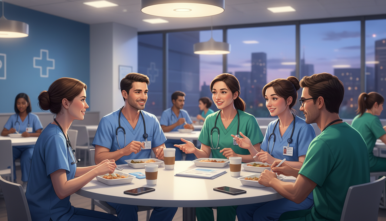International residents sharing a meal and supporting each other after a hospital shift International residents sharing a meal and supporting each other after a hospital shift - non-US citizen IMG for Work-Life Ba