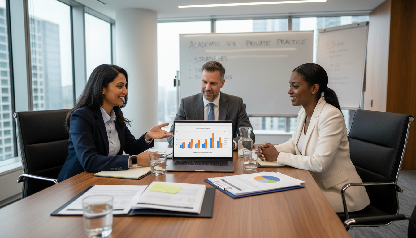 US citizen IMG physician discussing private practice partnership options US citizen IMG physician discussing private practice partnership options - US citizen IMG for Academic vs Private Practice St