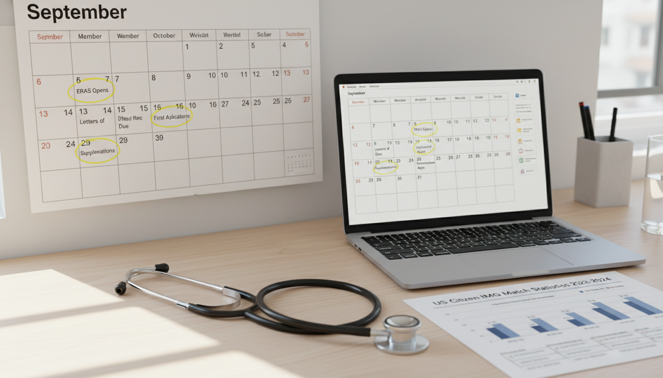 Calendar with ERAS and residency deadline milestones highlighted Calendar with ERAS and residency deadline milestones highlighted - US citizen IMG for Application Timeline & Timing Strategie