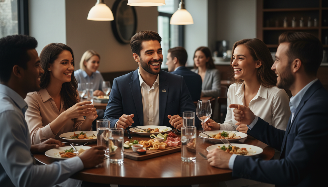 Residency applicants and residents talking and laughing over dinner Residency applicants and residents talking and laughing over dinner - US citizen IMG for Pre-Interview Dinner Etiquette Strat