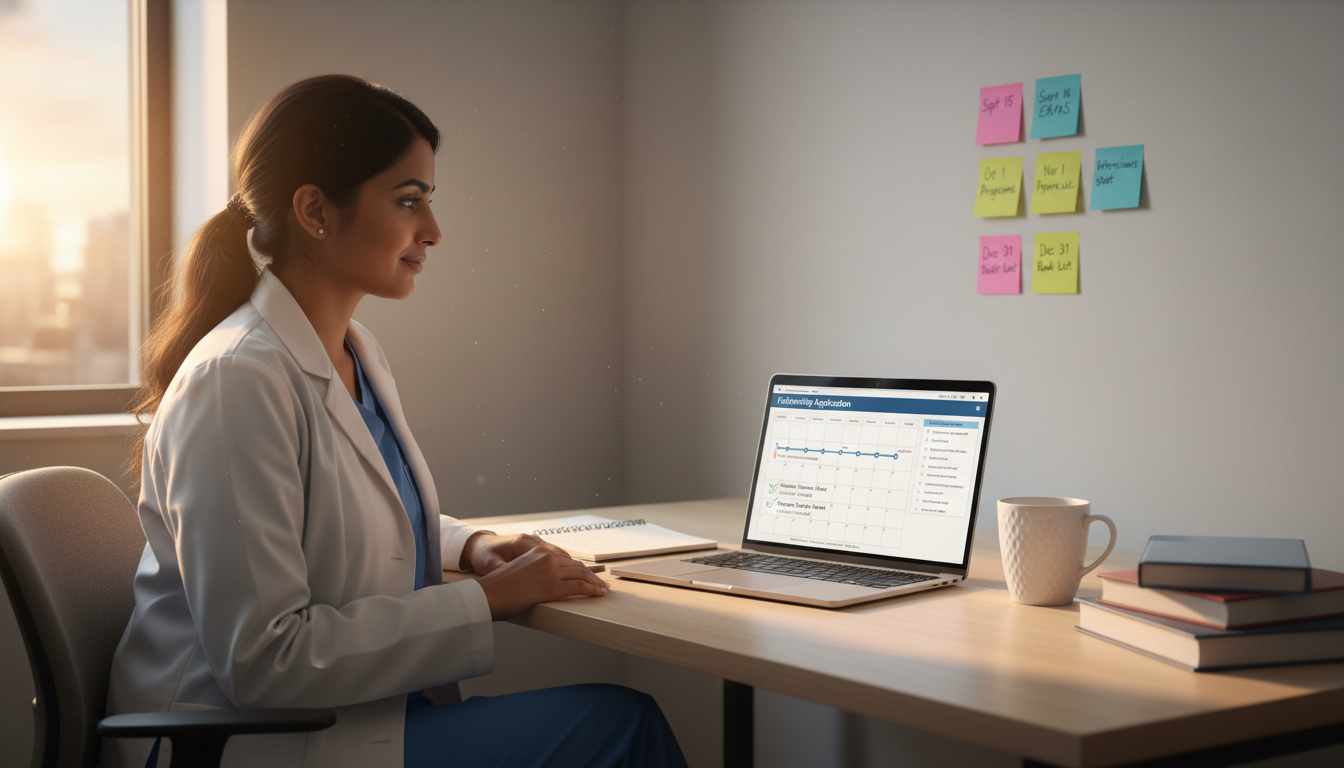 Resident doctor reviewing ERAS fellowship application timeline - US citizen IMG for Fellowship Preparation Strategies for US