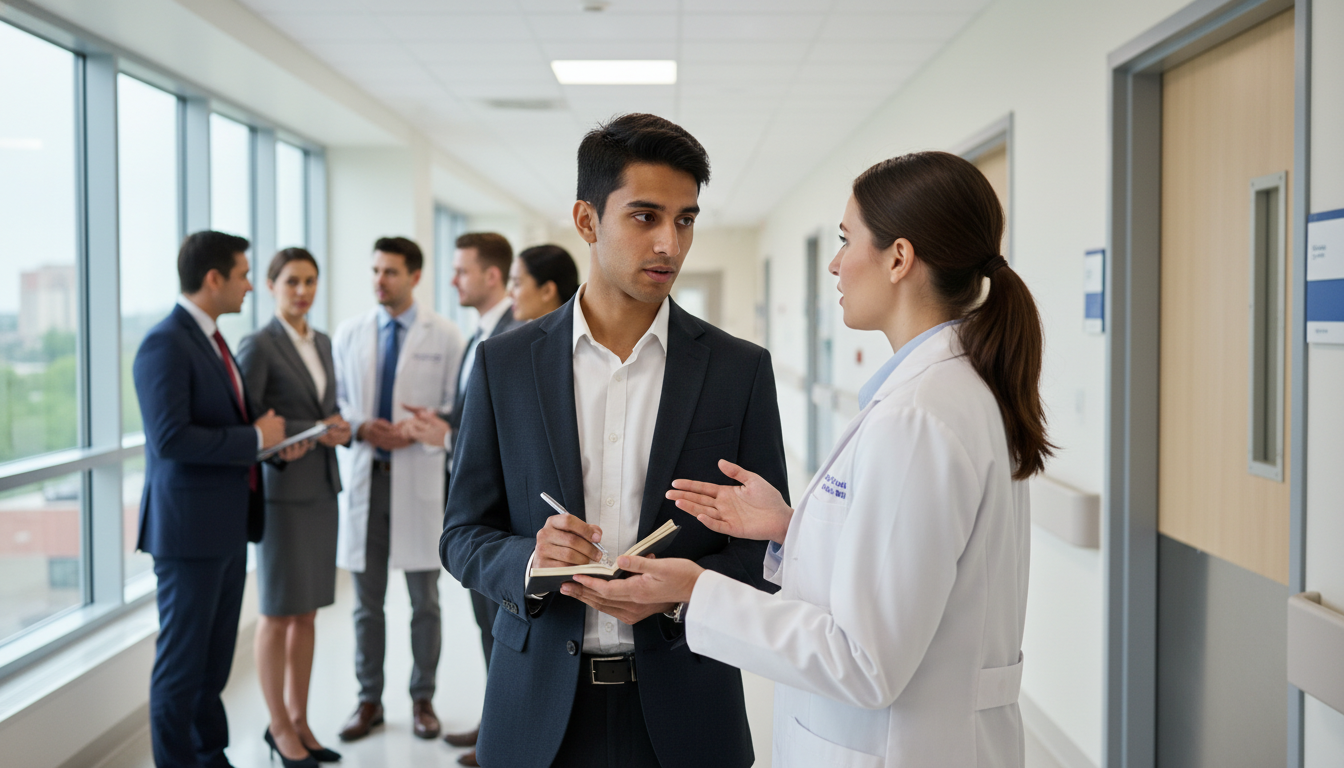 US citizen IMG speaking with residents during a hospital tour on interview day US citizen IMG speaking with residents during a hospital tour on interview day - US citizen IMG for In-Person Interview Strat