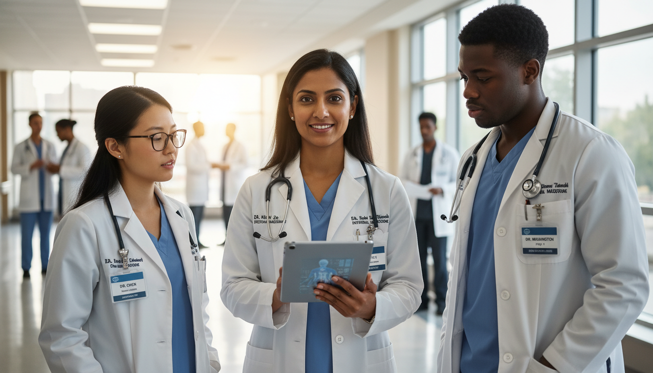 Chief resident mentoring junior residents in hospital hallway Chief resident mentoring junior residents in hospital hallway - US citizen IMG for Leadership Positions in Residency Strategi