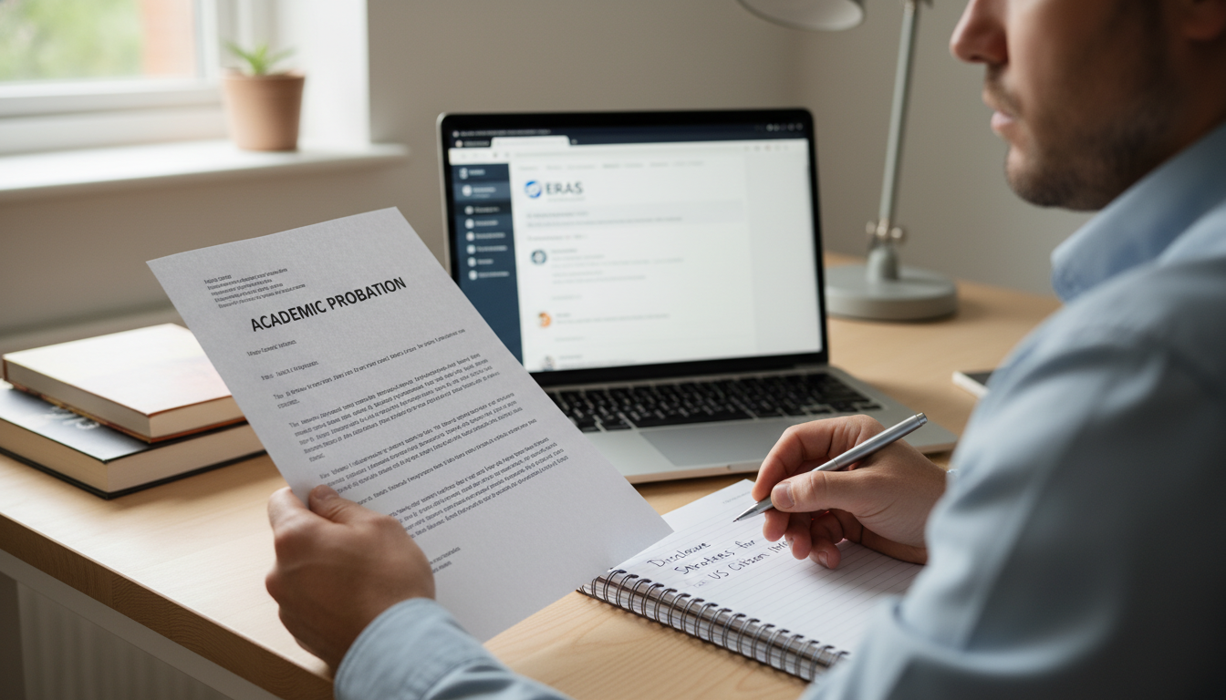 Medical student reviewing their academic probation document Medical student reviewing their academic probation document - US citizen IMG for Academic Probation Disclosure Strategies for