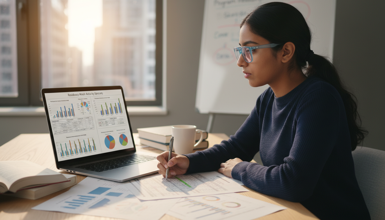 Medical student analyzing residency match data and charts Medical student analyzing residency match data and charts - US citizen IMG for How to Research Programs Strategies for US Cit