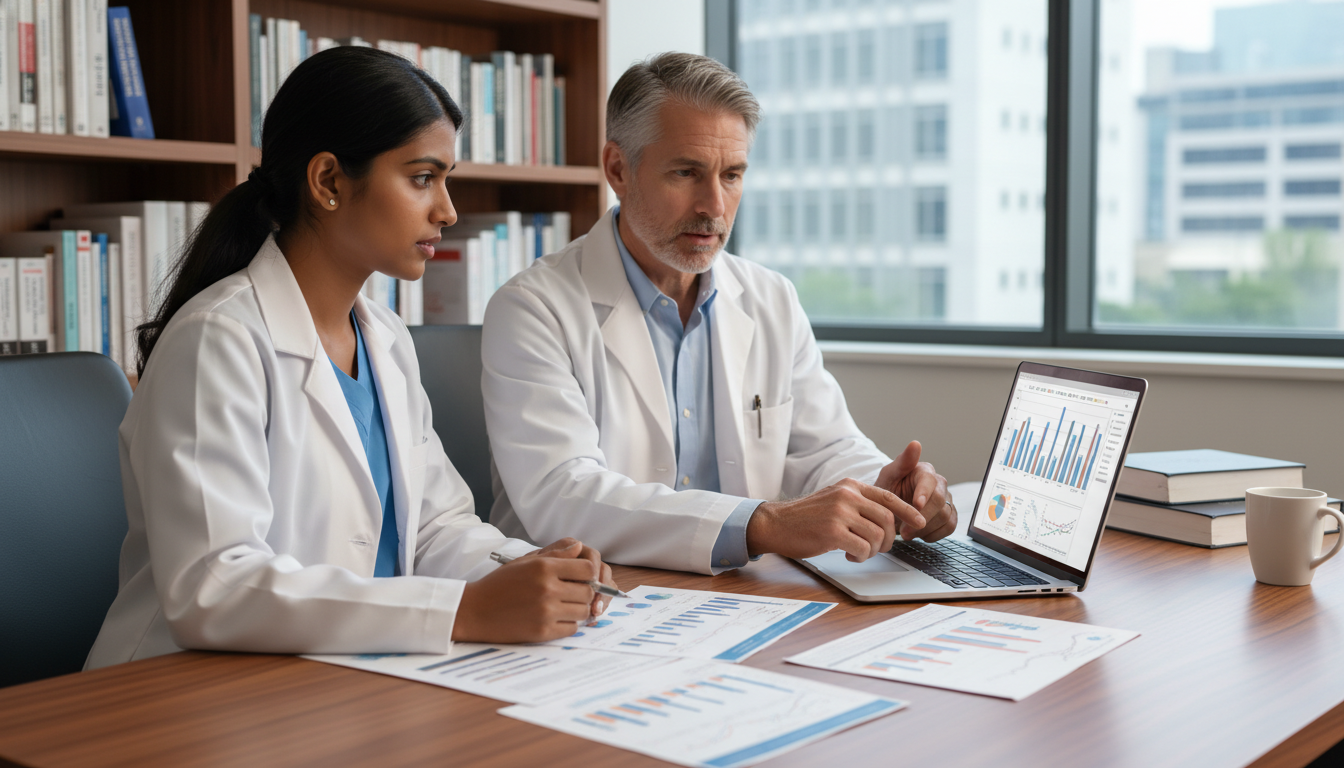 Resident physician discussing data with mentor in hospital research office - US citizen IMG for Research During Residency Str