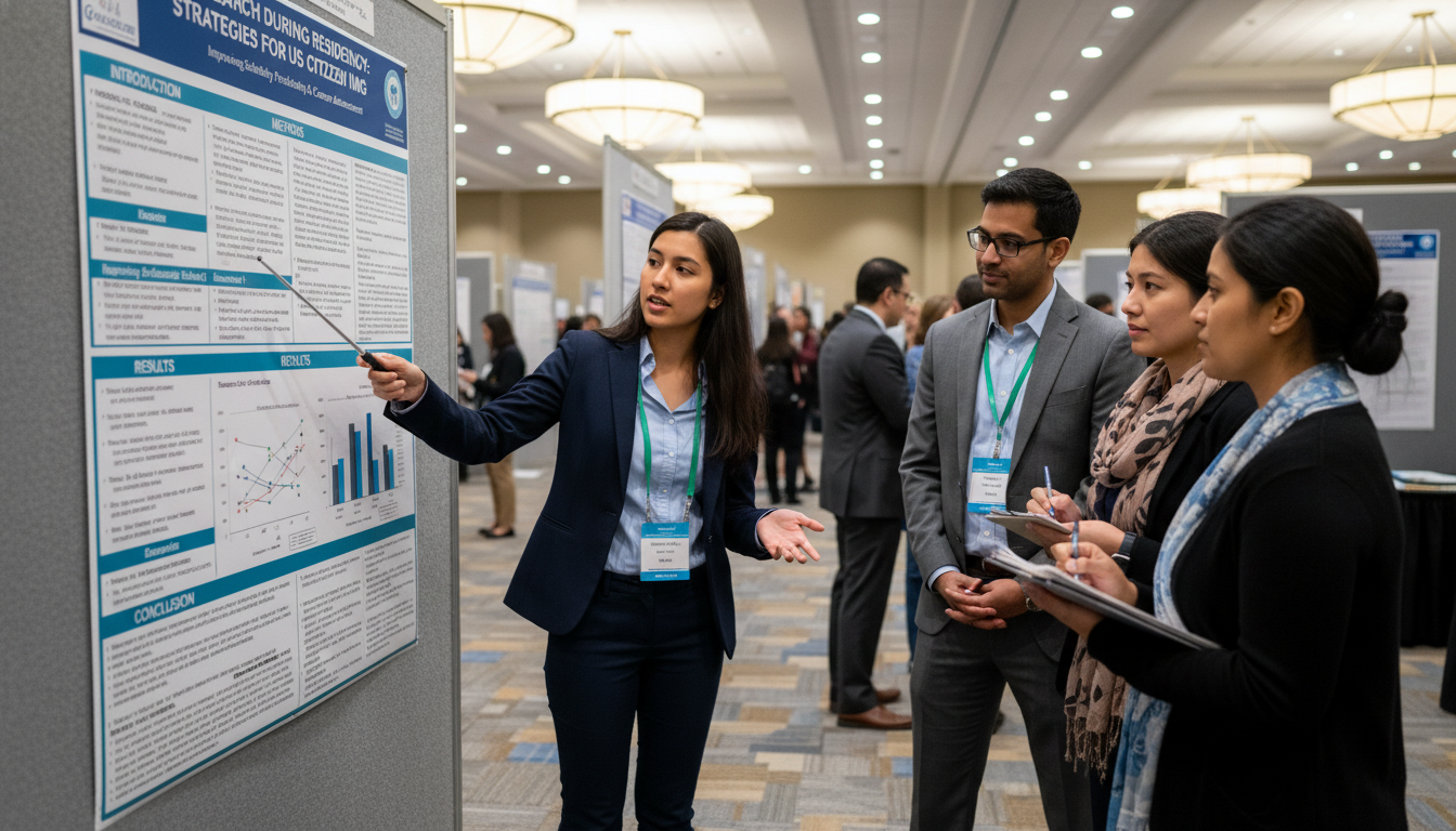 Resident presenting research poster at national medical conference - US citizen IMG for Research During Residency Strategies
