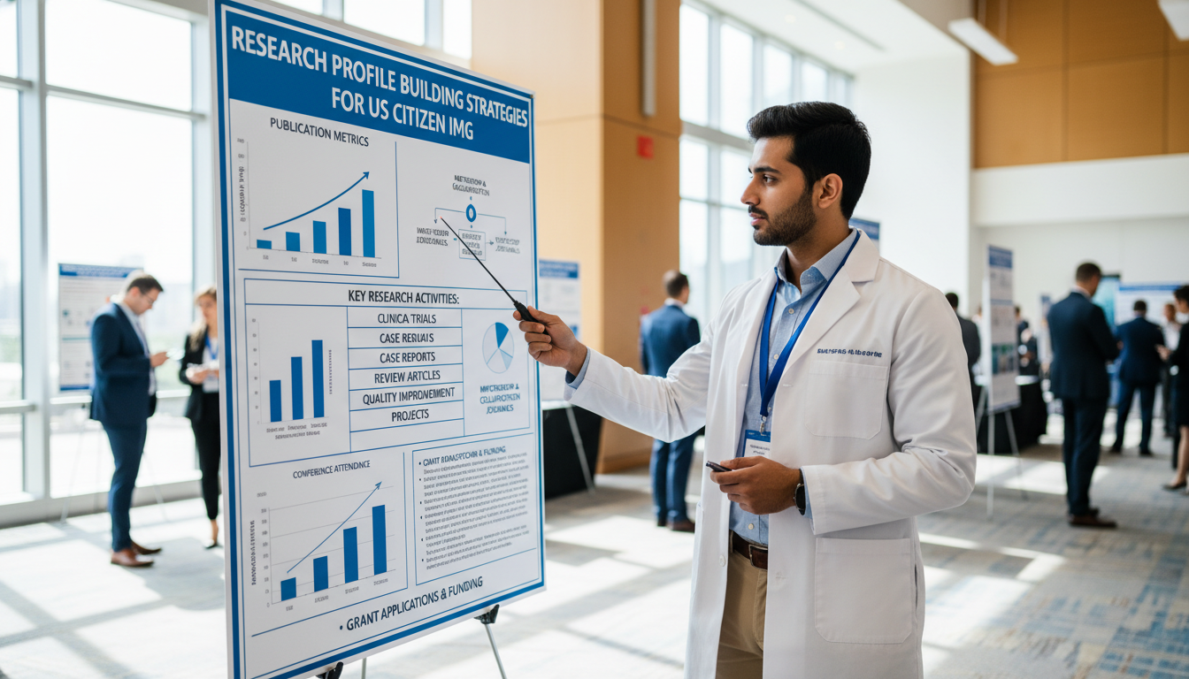 US citizen IMG preparing a poster presentation for a medical conference US citizen IMG preparing a poster presentation for a medical conference - US citizen IMG for Research Profile Building Strate