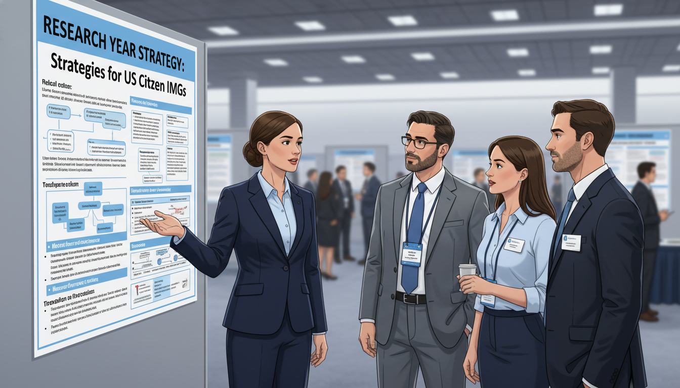 US citizen IMG presenting a research poster during a conference US citizen IMG presenting a research poster during a conference - US citizen IMG for Research Year Strategy Strategies for US