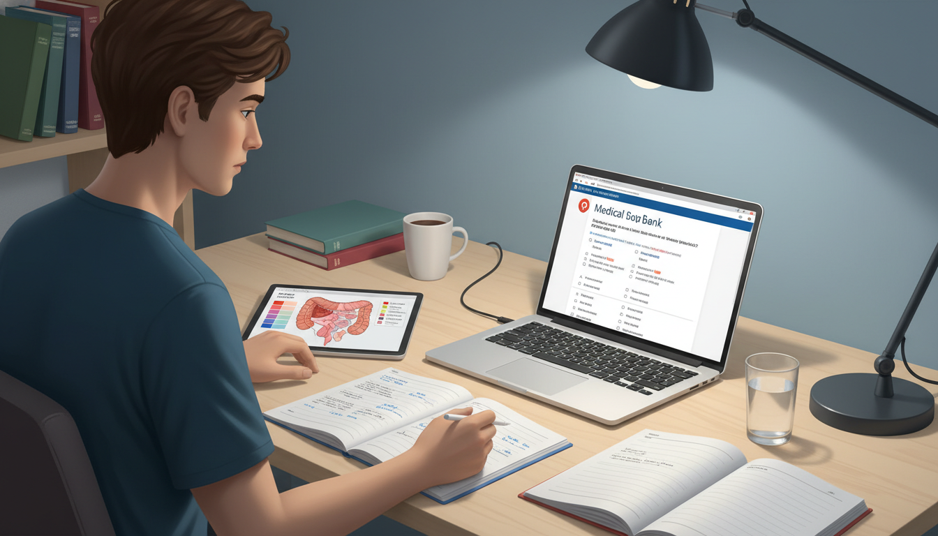 Medical student practicing USMLE-style questions on a laptop with notes Medical student practicing USMLE-style questions on a laptop with notes - US citizen IMG for USMLE Step 2 CK Preparation Stra