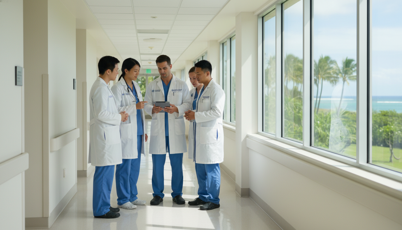 Medical residents in Hawaii discussing patient care in a hospital setting Medical residents in Hawaii discussing patient care in a hospital setting - Alaska residency for H-1B Sponsorship Programs fo