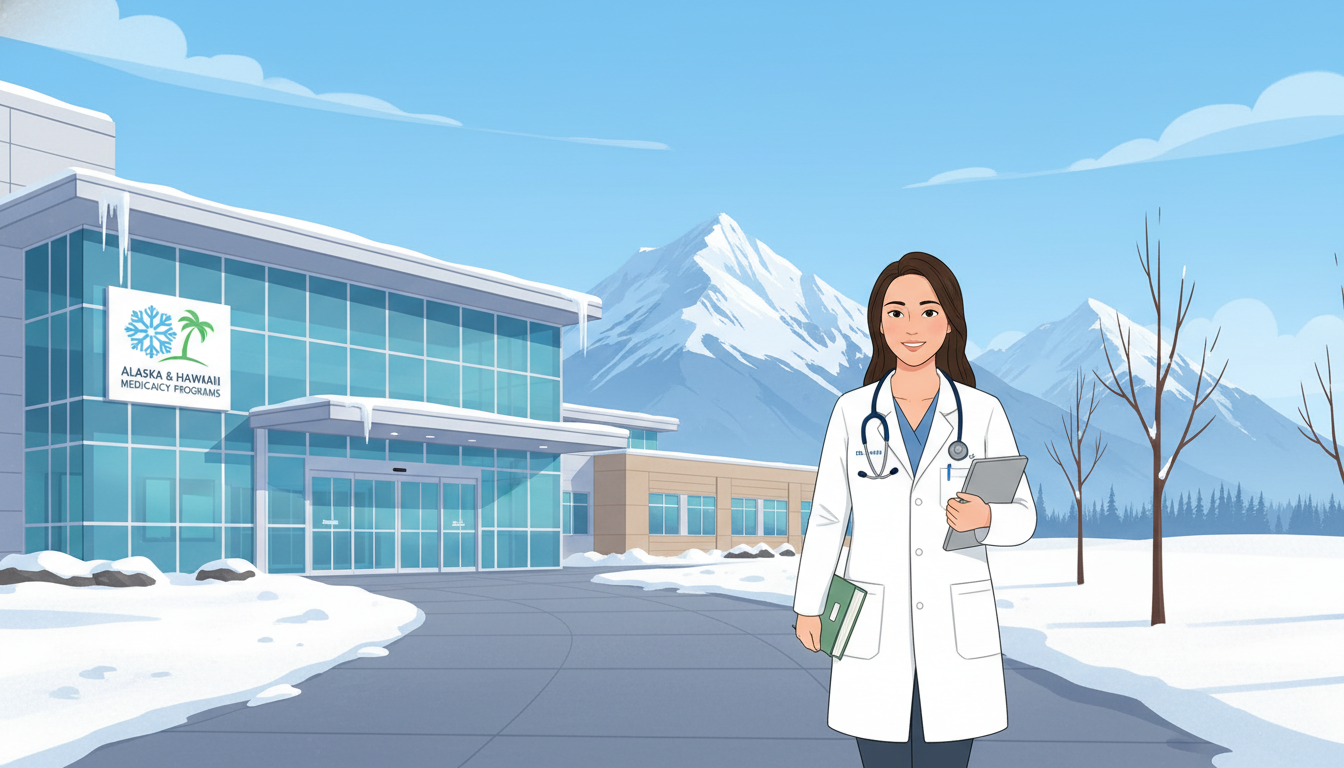 Medical resident in Alaska walking near hospital in a snowy landscape Medical resident in Alaska walking near hospital in a snowy landscape - Alaska residency for H-1B Sponsorship Programs for Re