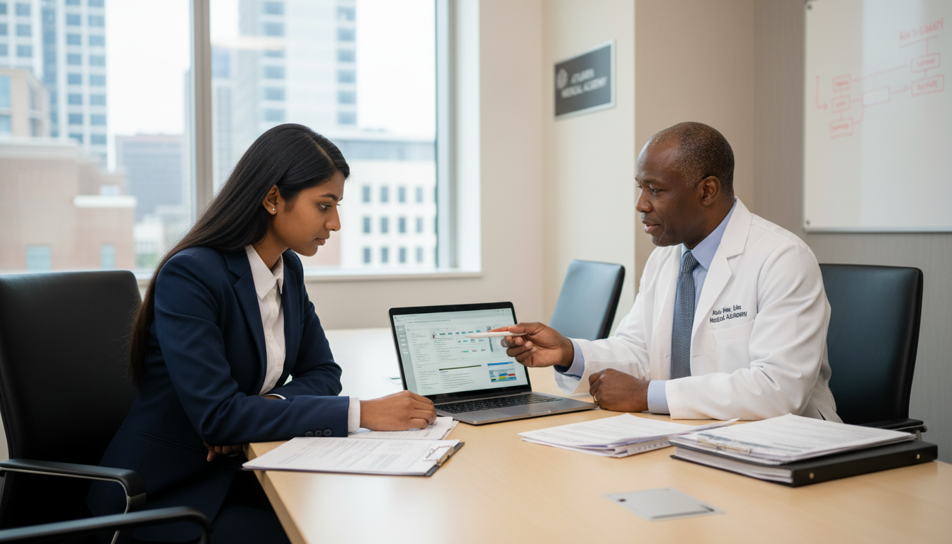 Resident and faculty advisor reviewing application data in a conference room Resident and faculty advisor reviewing application data in a conference room - Atlanta residency programs for Failed Match Re