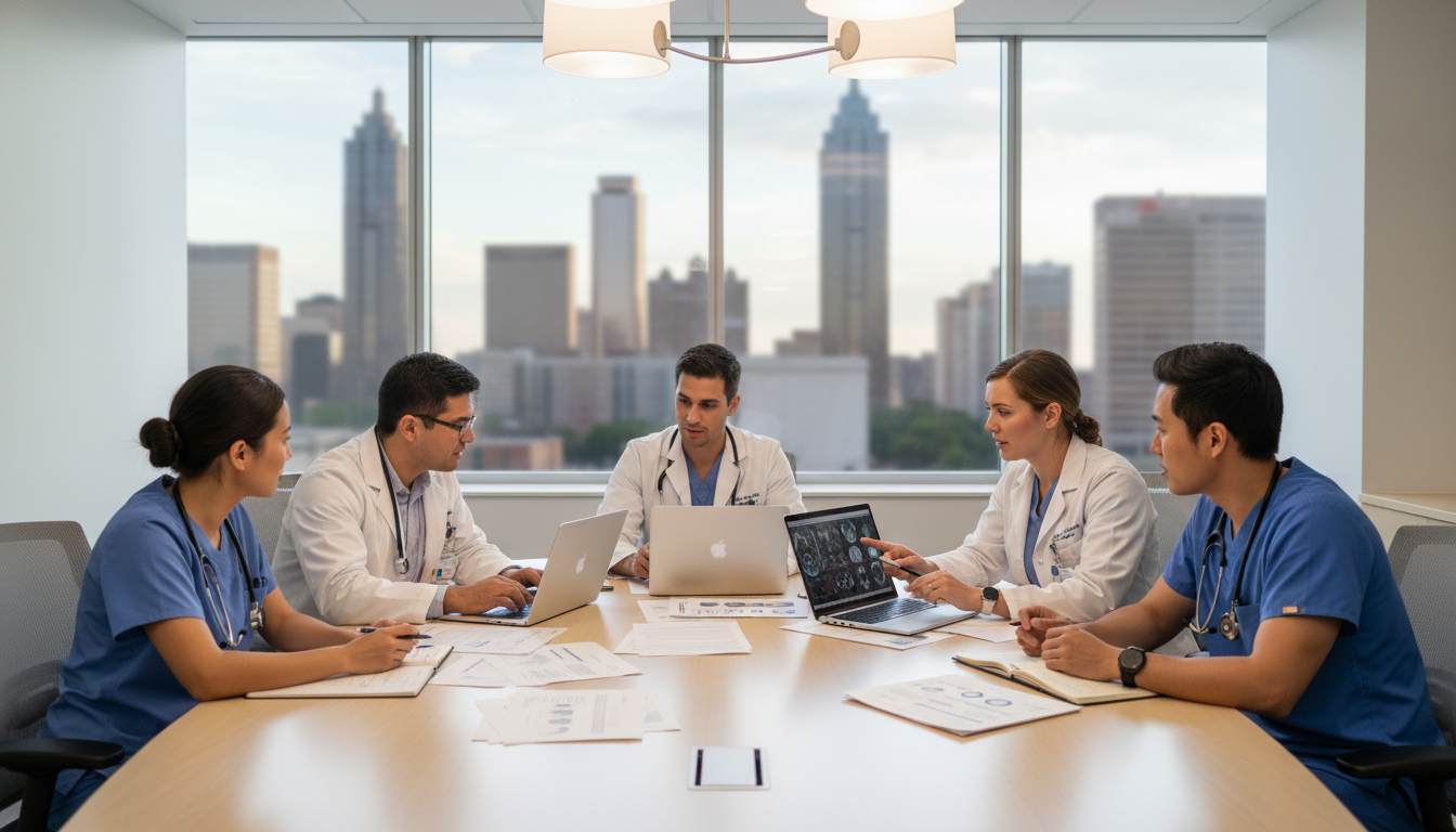 Medical residents collaborating in a hospital conference room in Atlanta Medical residents collaborating in a hospital conference room in Atlanta - Atlanta residency programs for Geographic Flexibil
