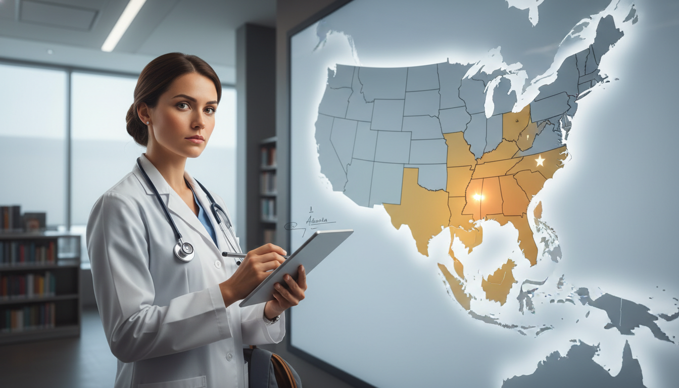 Medical resident looking at a U.S. map with Atlanta highlighted Medical resident looking at a U.S. map with Atlanta highlighted - Atlanta residency programs for Geographic Flexibility for R