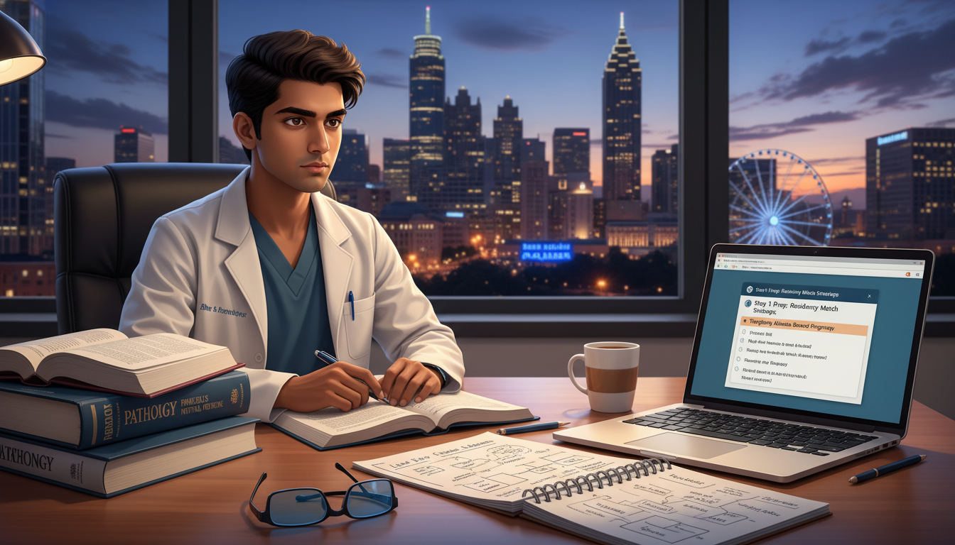 Medical student studying for USMLE boards with Atlanta skyline in background - Atlanta residency programs for Low Step Score