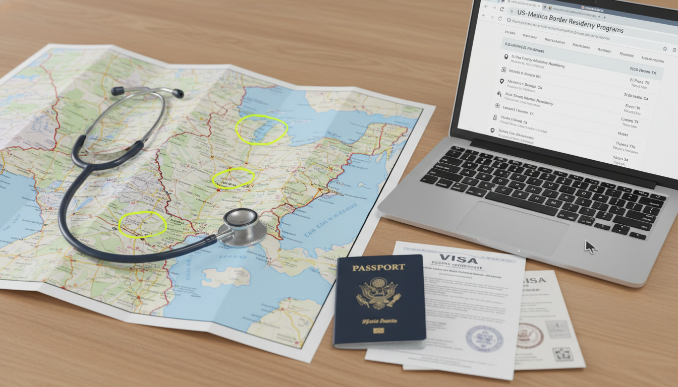 Map and documents illustrating visa options for border region residency programs - border region residency for Visa Navigatio