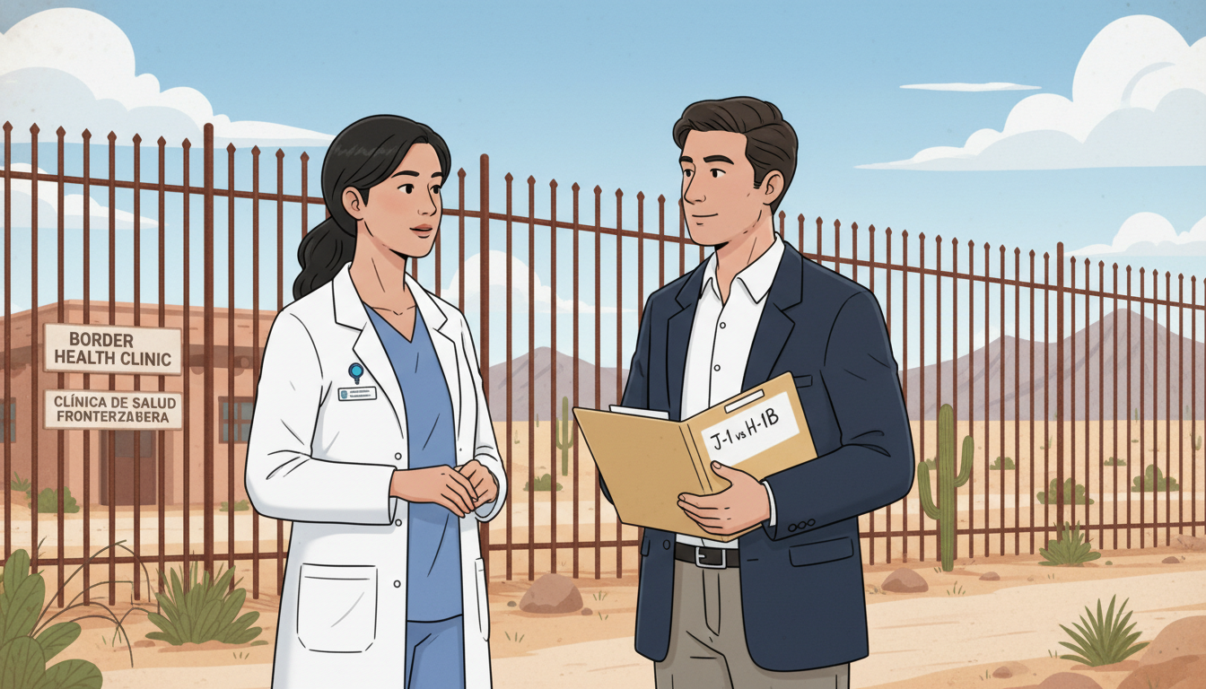 Resident physician at US-Mexico border clinic consulting with immigration advisor - border region residency for Visa Navigati