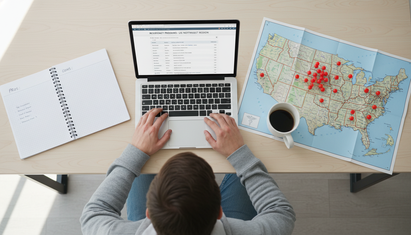 Medical student studying a US map and planning residency applications Medical student studying a US map and planning residency applications - Boston residency programs for Geographic Flexibility
