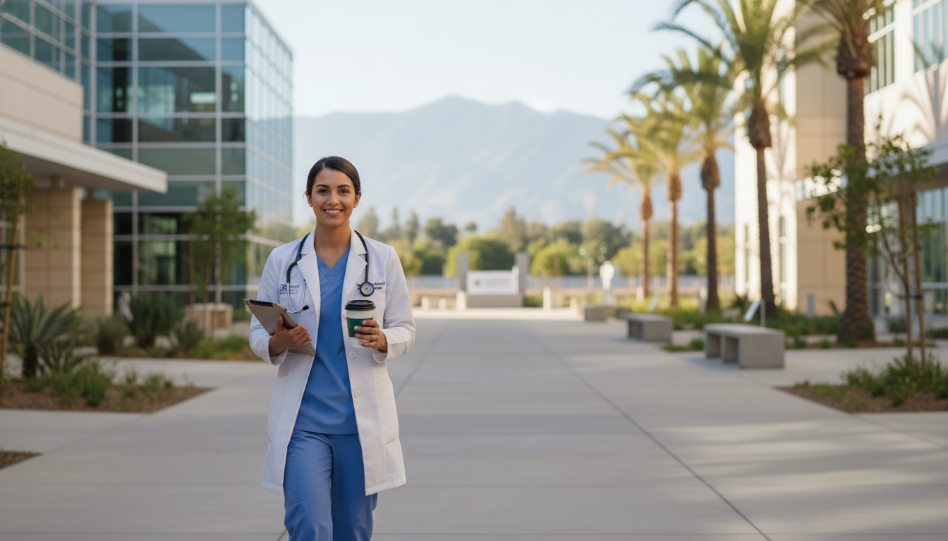 Medical resident walking through Fresno hospital campus Medical resident walking through Fresno hospital campus - Central Valley residency for Geographic Flexibility for Residency P