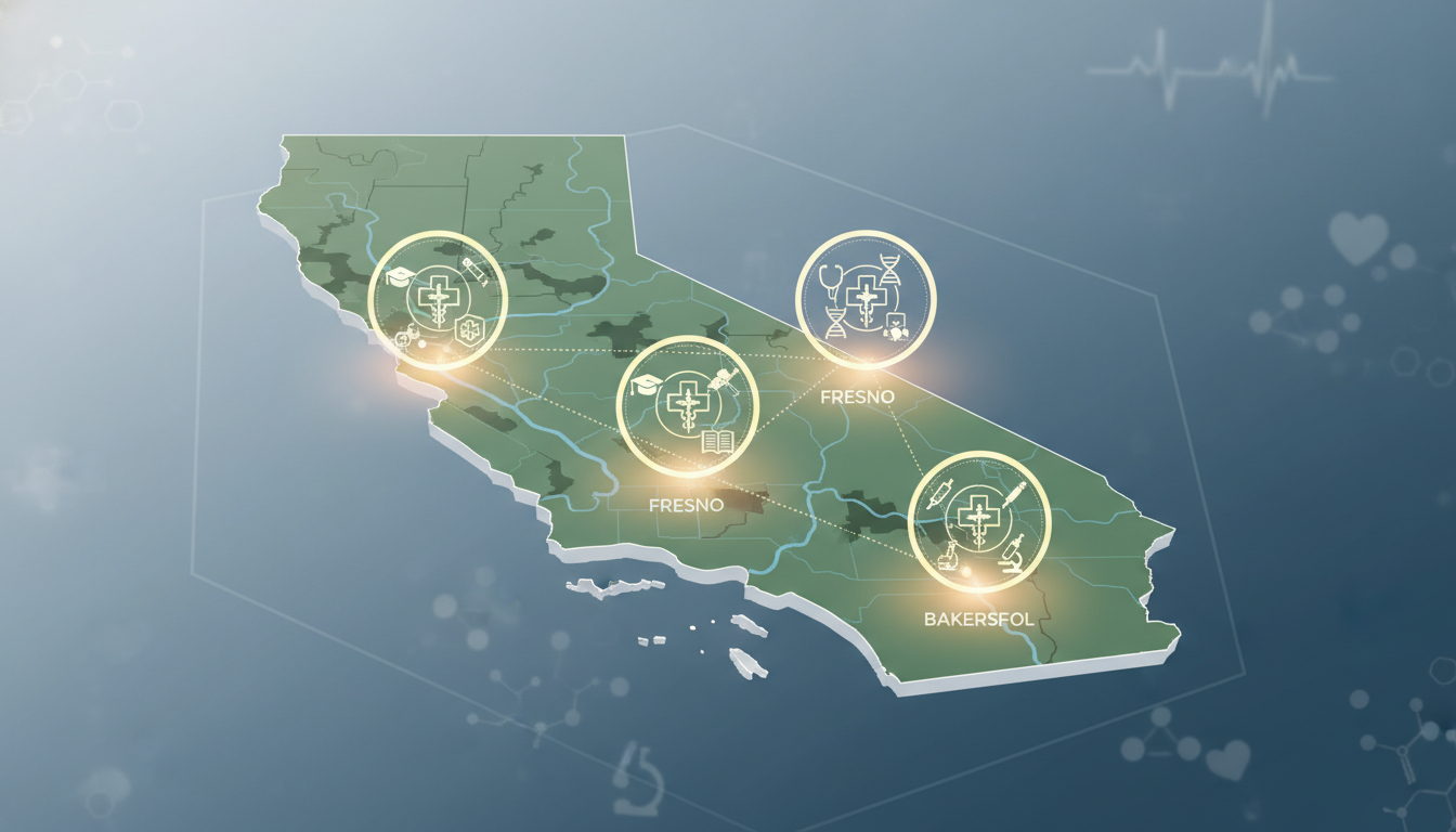 Map of California Central Valley with medical training centers highlighted Map of California Central Valley with medical training centers highlighted - Central Valley residency for H-1B Sponsorship Pr