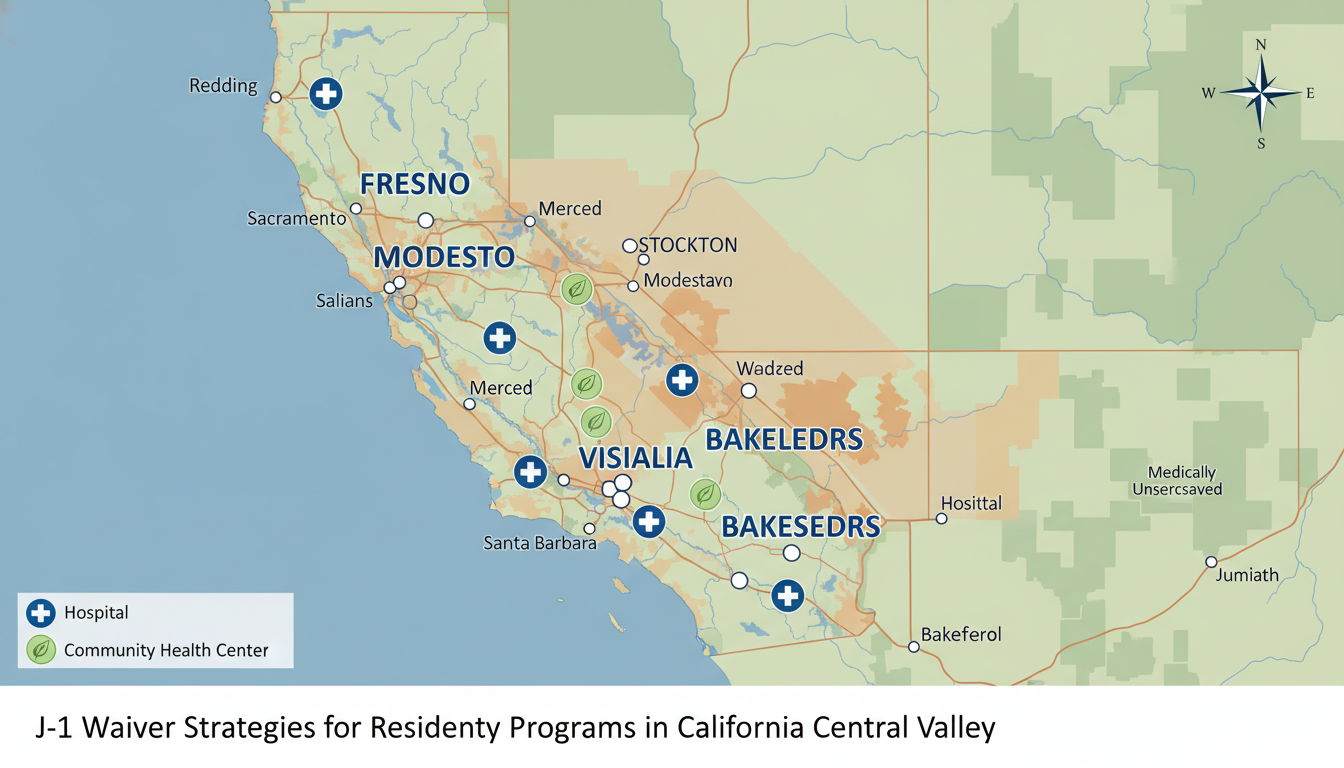 Map of California Central Valley highlighting underserved areas and medical facilities Map of California Central Valley highlighting underserved areas and medical facilities - Central Valley residency for J-1 Wai