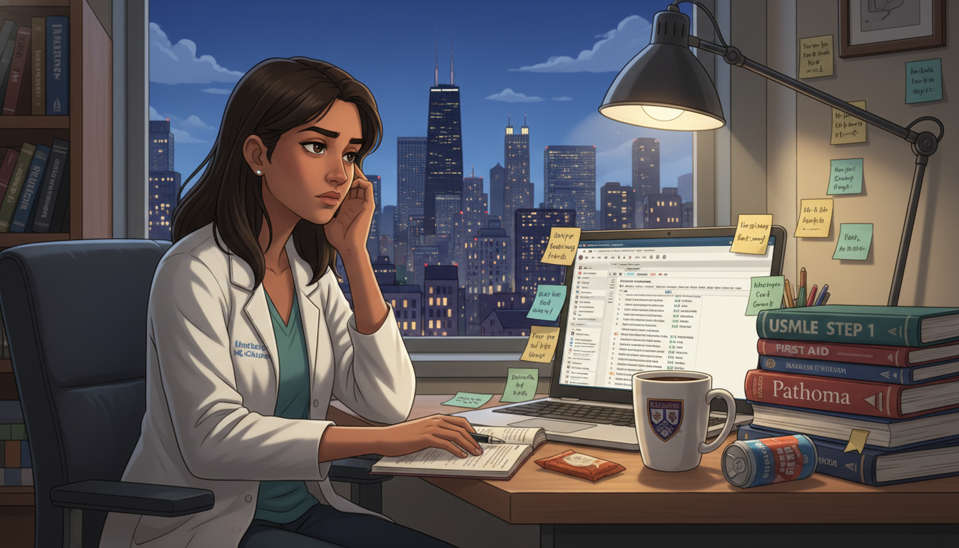Medical student studying for Step 2 in Chicago apartment - Chicago residency programs for Low Step Score Strategies for Resid