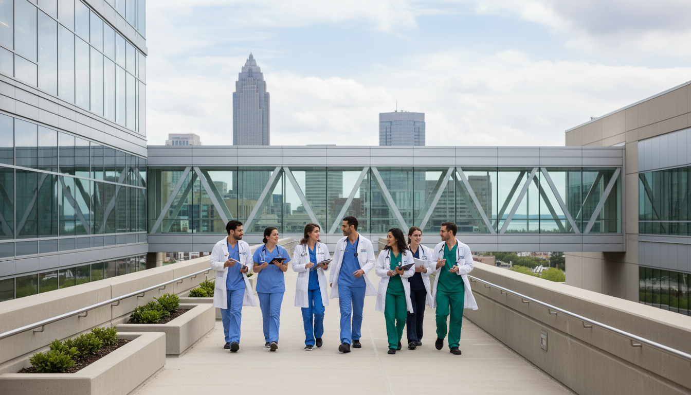 Medical residents walking between Cleveland hospitals Medical residents walking between Cleveland hospitals - Cleveland Clinic residency for Geographic Flexibility for Residency P