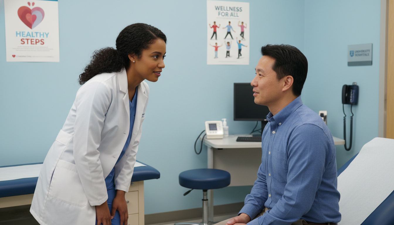 Medical resident in Cleveland working with a patient in a community clinic - Cleveland Clinic residency for Low Step Score St