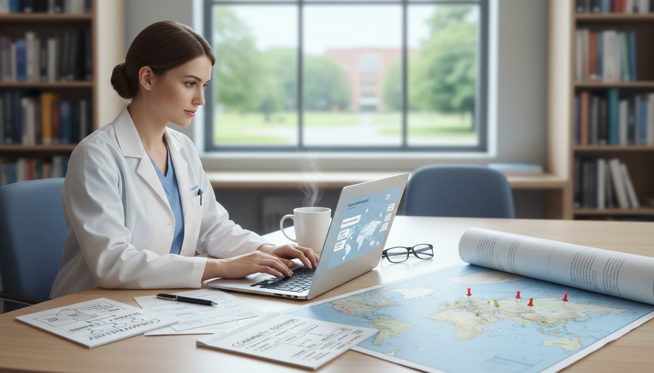 Medical resident using a laptop to research residency locations Medical resident using a laptop to research residency locations - community hospital residency for Geographic Flexibility for