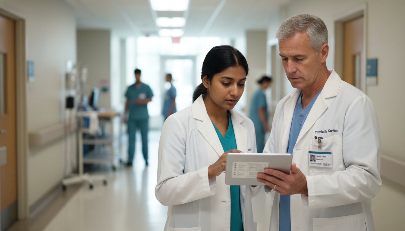Resident physician reviewing patient chart with attending doctor in a community hospital Resident physician reviewing patient chart with attending doctor in a community hospital - community hospital residency for H
