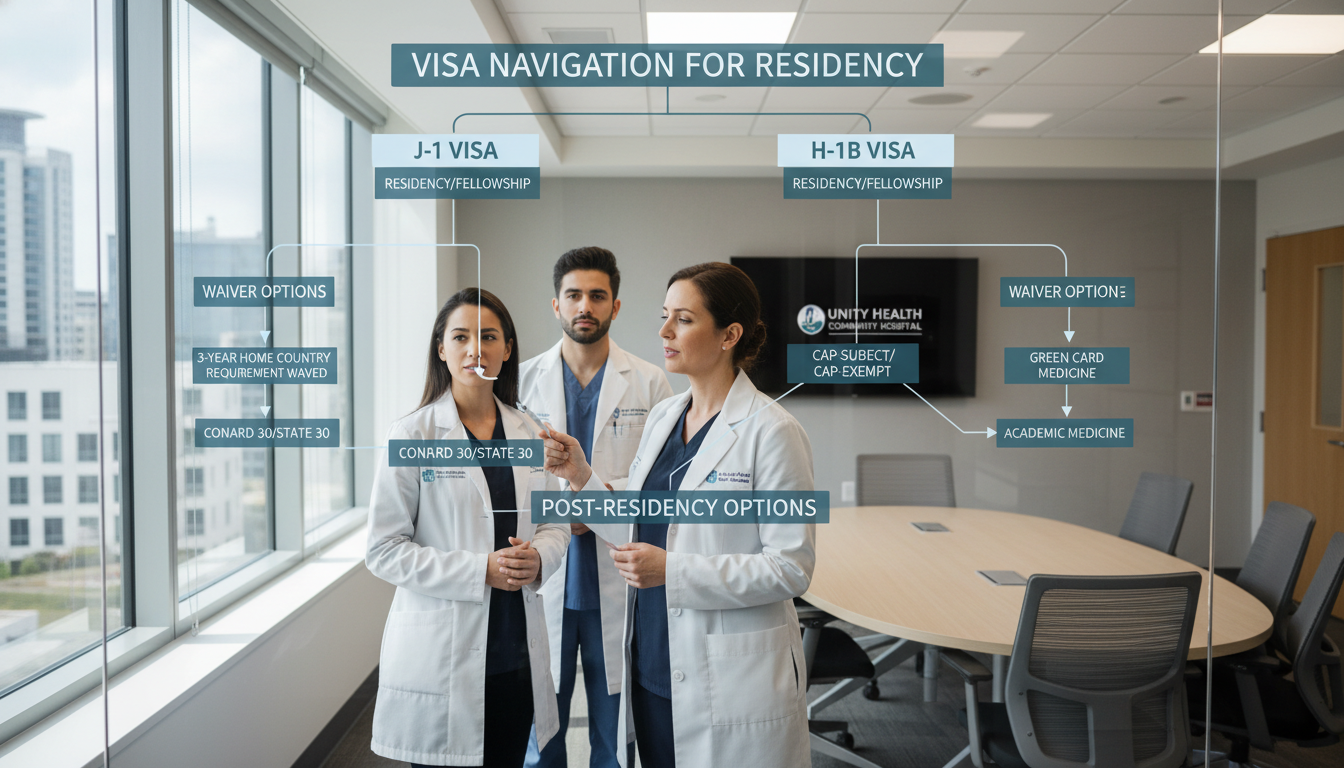 Flowchart explaining J-1 vs H-1B visa decision points for residency applicants - community hospital residency for Visa Naviga