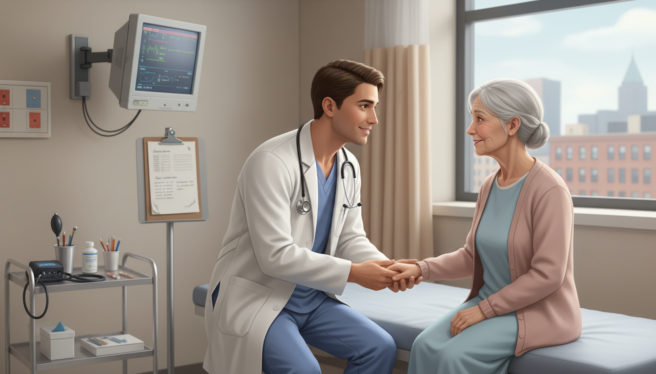 Resident physician caring for an underserved patient in a county hospital exam room - county hospital residency for Low Step