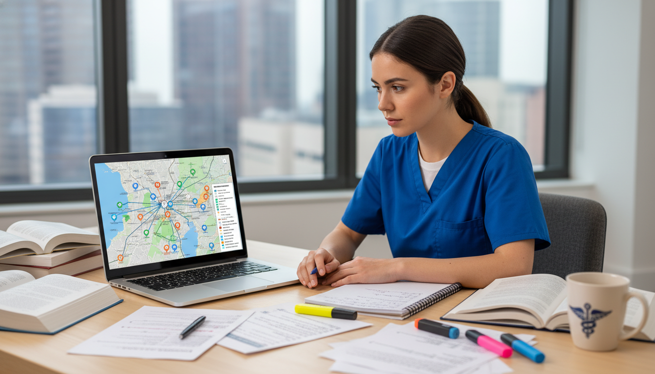 Medical resident studying a Dallas area residency program map Medical resident studying a Dallas area residency program map - Dallas residency programs for Geographic Flexibility for Resi