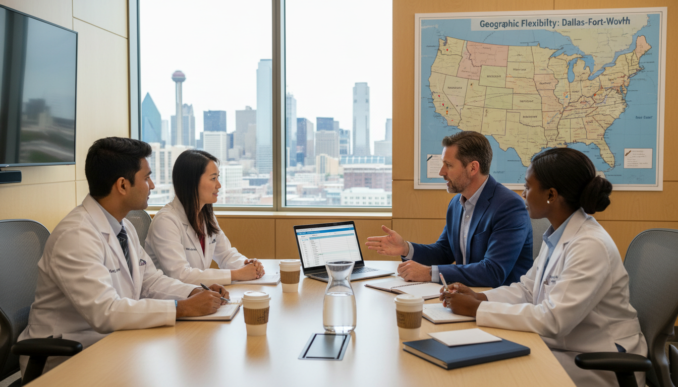 Residents in a Dallas hospital conference room discussing career plans Residents in a Dallas hospital conference room discussing career plans - Dallas residency programs for Geographic Flexibility