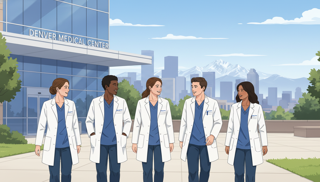 Denver hospital exterior with residents walking and discussing training Denver hospital exterior with residents walking and discussing training - Denver residency programs for Failed Match Recovery