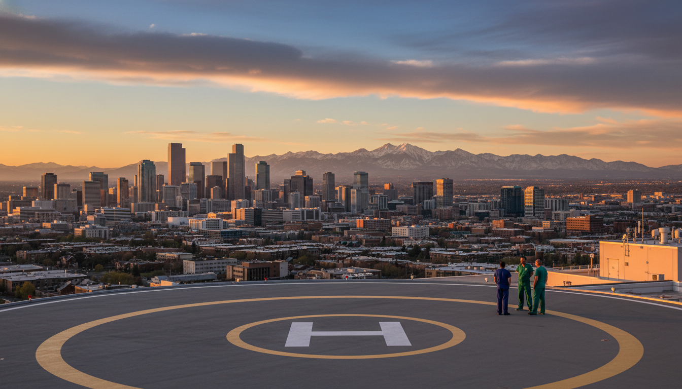 Denver skyline view from hospital rooftop at sunset - Denver residency programs for Low Step Score Strategies for Residency P