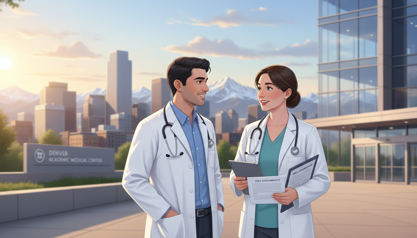 Denver hospital campus with international residents discussing visa options Denver hospital campus with international residents discussing visa options - Denver residency programs for Visa Navigation f