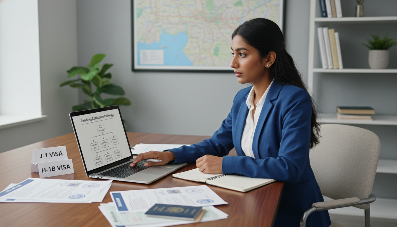 International medical graduate comparing J-1 and H-1B visa documents at a desk International medical graduate comparing J-1 and H-1B visa documents at a desk - DC residency programs for Visa Navigation fo