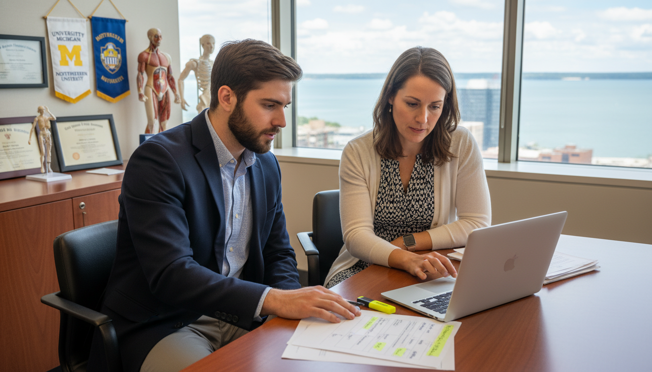 Medical graduate discussing failed match recovery plan with advisor Medical graduate discussing failed match recovery plan with advisor - midwest residency programs for Failed Match Recovery fo