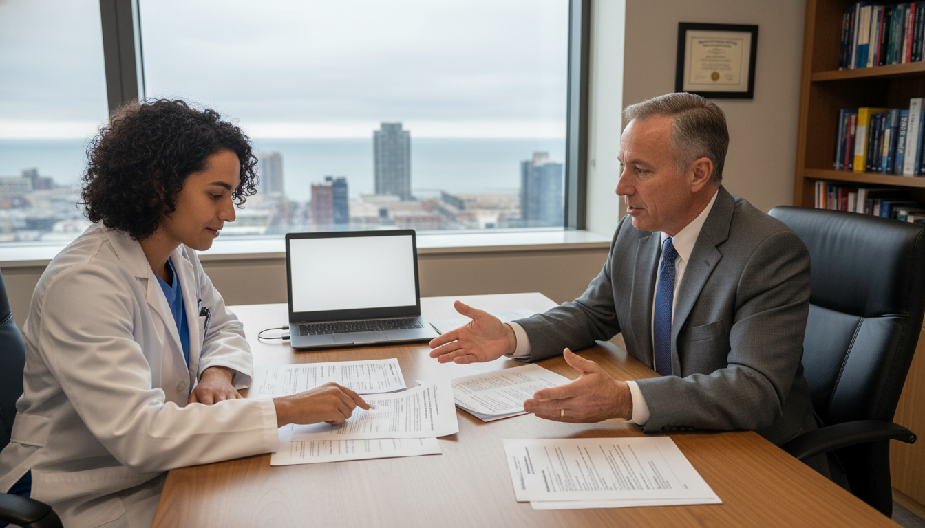 Medical resident discussing immigration plans with program director Medical resident discussing immigration plans with program director - midwest residency programs for H-1B Sponsorship Program