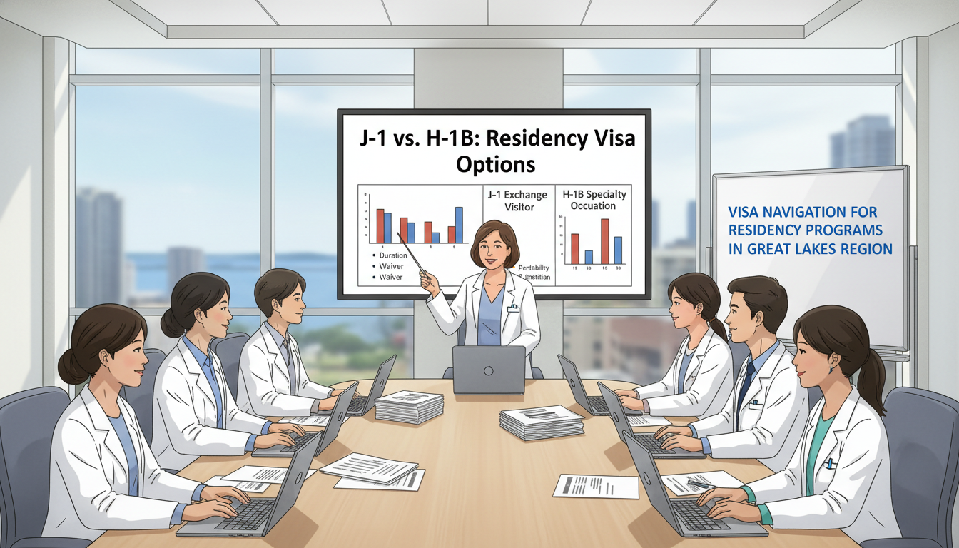 Medical residents discussing visa options in a teaching hospital conference room Medical residents discussing visa options in a teaching hospital conference room - midwest residency programs for Visa Naviga