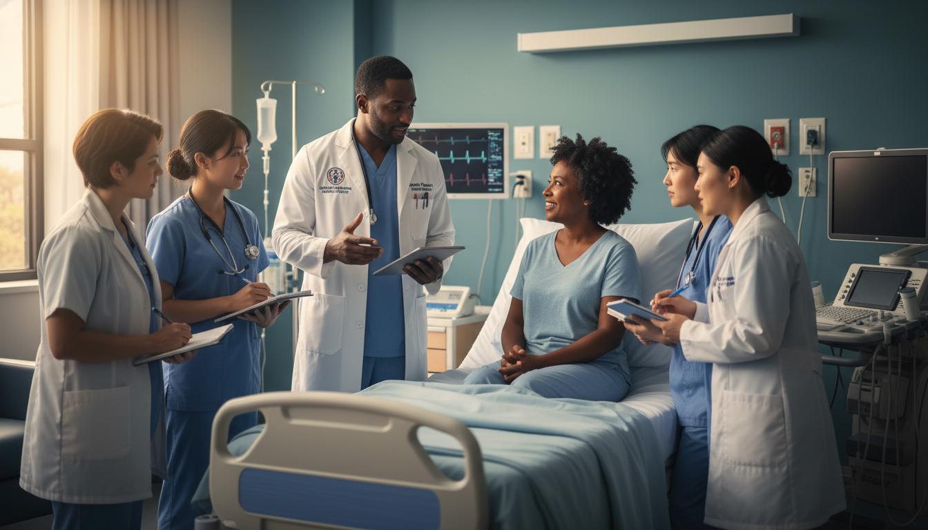 Resident physician mentoring medical students on rounds - HBCU residency programs for Low Step Score Strategies for Residency